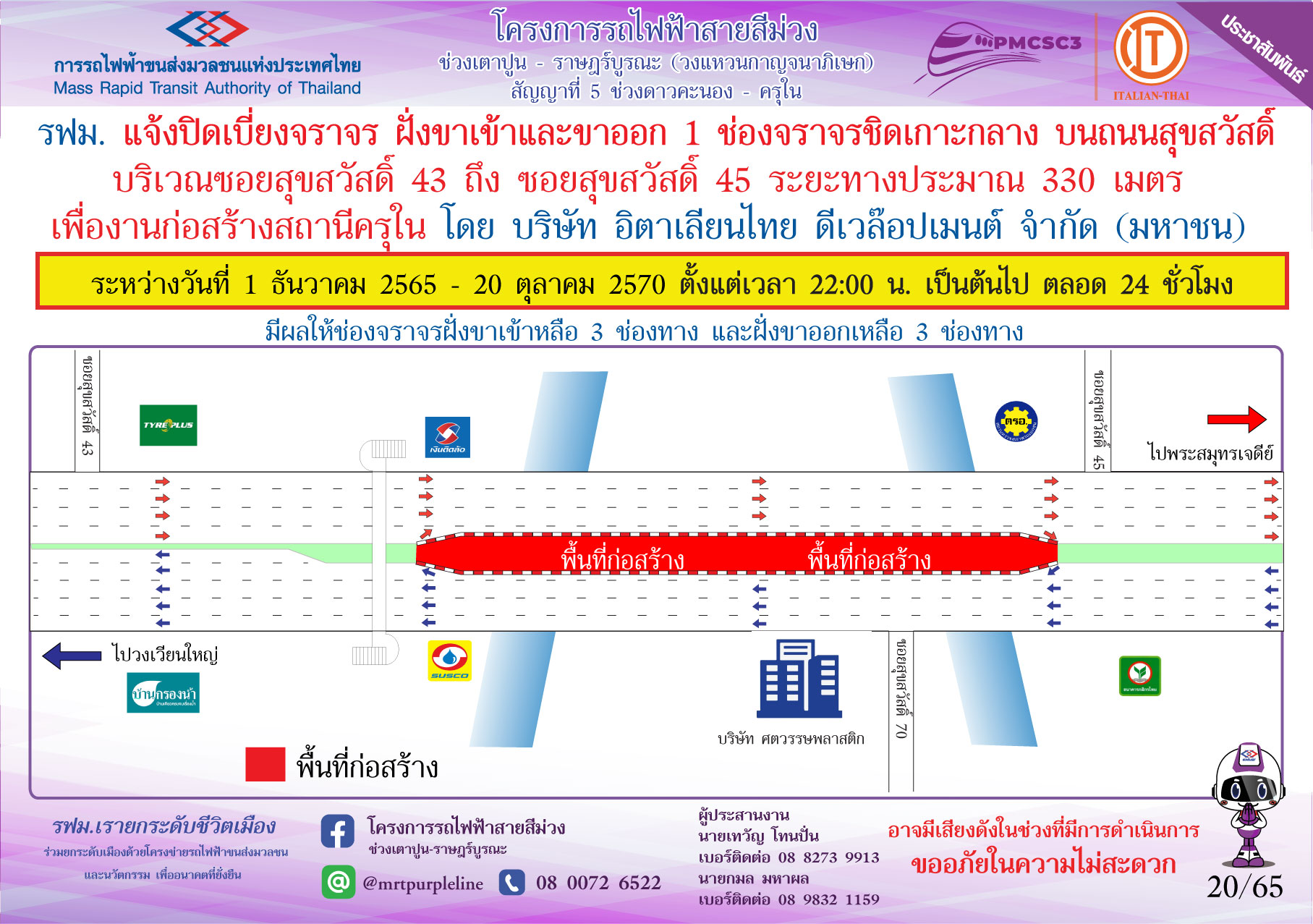 รฟม. แจ้งปิดเบี่ยงจราจร บนถนนสุขสวัสดิ์ ฝั่งขาเข้าและขาออก 1 ช่องจราจรชิดเกาะกลาง บริเวณซอยสุขสวัสดิ์ 43 ถึง ซอยสุขสวัสดิ์ 45 ระยะทางประมาณ 330 เมตร เพื่อดำเนินงานก่อสร้างสถานีครุใน