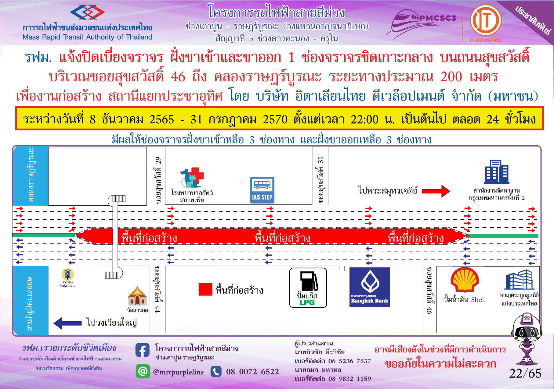 รฟม. แจ้งปิดเบี่ยงจราจร ฝั่งขาเข้าและขาออก 1 ช่องจราจร ชิดเกาะกลาง บนถนนสุขสวัสดิ์ บริเวณซอยสุขสวัสดิ์ 46 ถึง คลองราษฎร์บูรณะ  ระยะทางประมาณ 200 เมตร          เพื่องานก่อสร้างสถานีแยกประชาอุทิศ