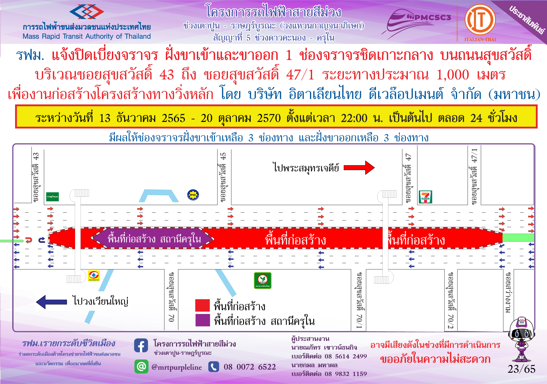 รฟม. แจ้งปิดเบี่ยงจราจร ฝั่งขาเข้าและขาออก 1 ช่องจราจร ชิดเกาะกลาง บนถนนสุขสวัสดิ์ บริเวณซอยสุขสวัสดิ์ 43 ถึง ซอยสุขสวัสดิ์ 47/1 ระยะทางประมาณ 1,000 เมตร          เพื่องานก่อสร้างโครงสร้างทางวิ่งหลัก