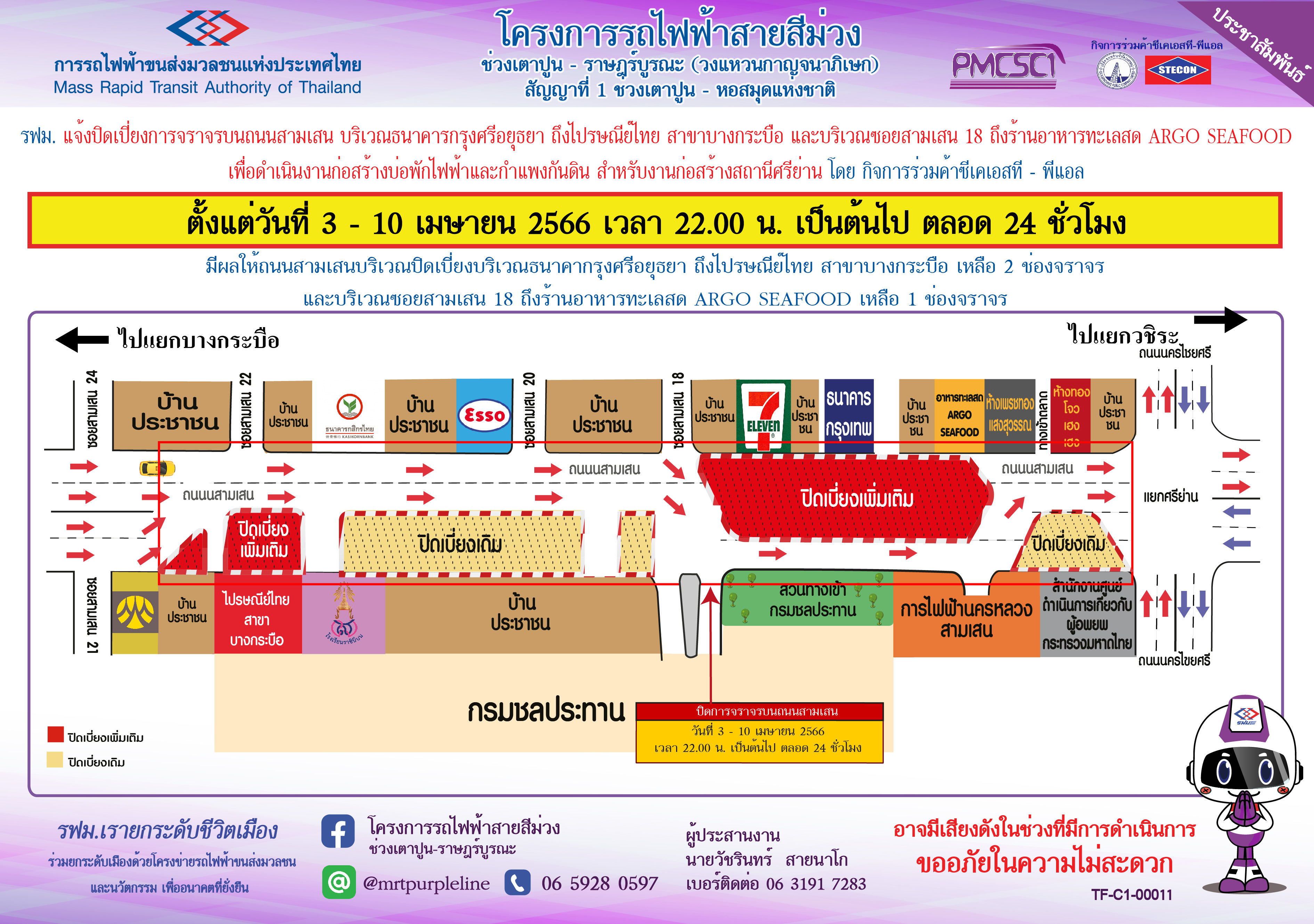 ปิดเบี่ยงจราจรบนถนนสามเสน บริเวณธนาคารกรุงศรีฯ ถึง ไปรษณีย์ไทย สาขาบางกระบือ และบริเวณซอยสามเสน 18 ถึง ร้านอาหารทะเลสด ARGO SEAFOOD เพื่อก่อสร้างบ่อพักไฟฟ้าและกำแพงกันดิน สถานีศรีย่าน