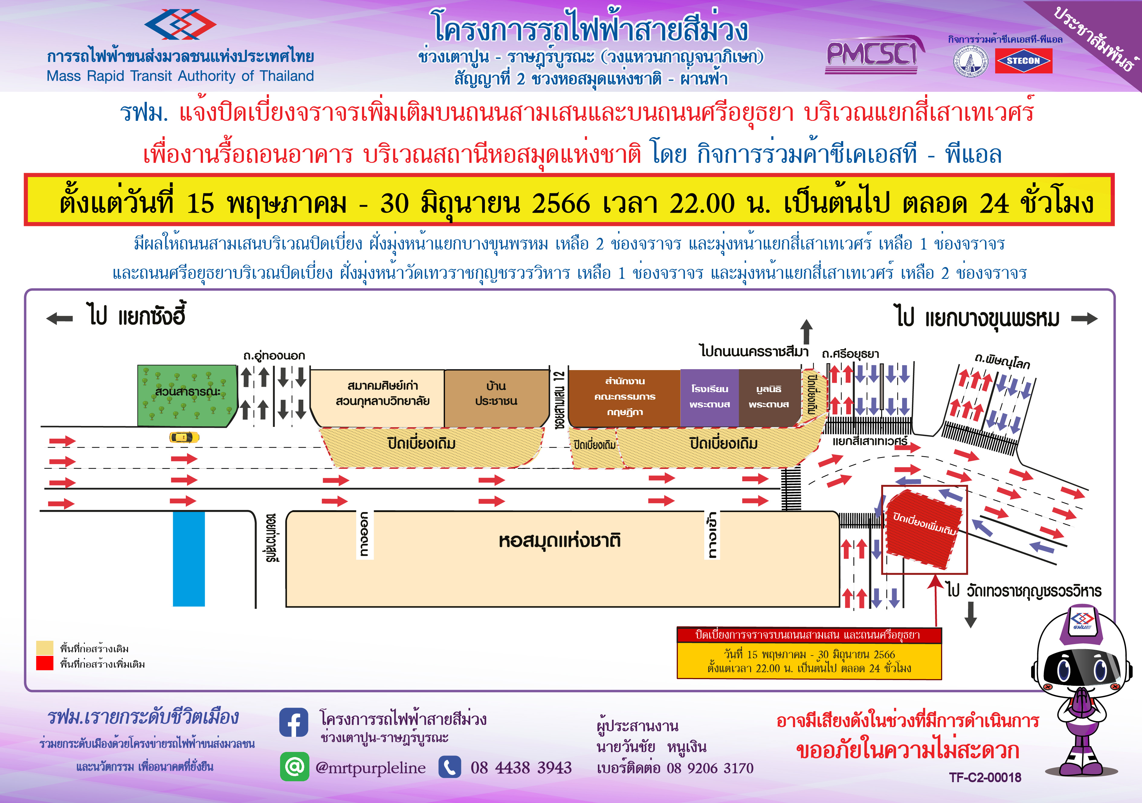 ปิดเบี่ยงจราจรเพิ่มเติมบนถนนสามเสนและถนนศรีอยุธยา บริเวณแยกสี่เสาเทเวศร์  เพื่องานรื้อถอนอาคาร สถานีหอสมุดแห่งชาติ ตั้งแต่วันที่ 15 พฤษภาคม – 30 มิถุนายน 2566  ตั้งแต่เวลา 22.00 น. เป็นต้นไป ตลอด 24 ชั่วโมง