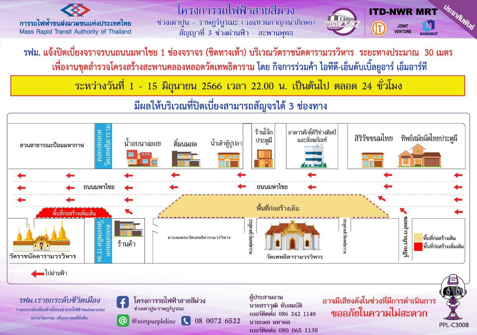 รฟม. แจ้งปิดเบี่ยงจราจรบนถนนมหาไชย 1 ช่องจราจร (ชิดทางเท้า) บริเวณวัดราชนัดดารามวรวิหาร เพื่องานขุดสำรวจโครงสร้างสะพานคลองหลอดวัดเทพธิดาราม