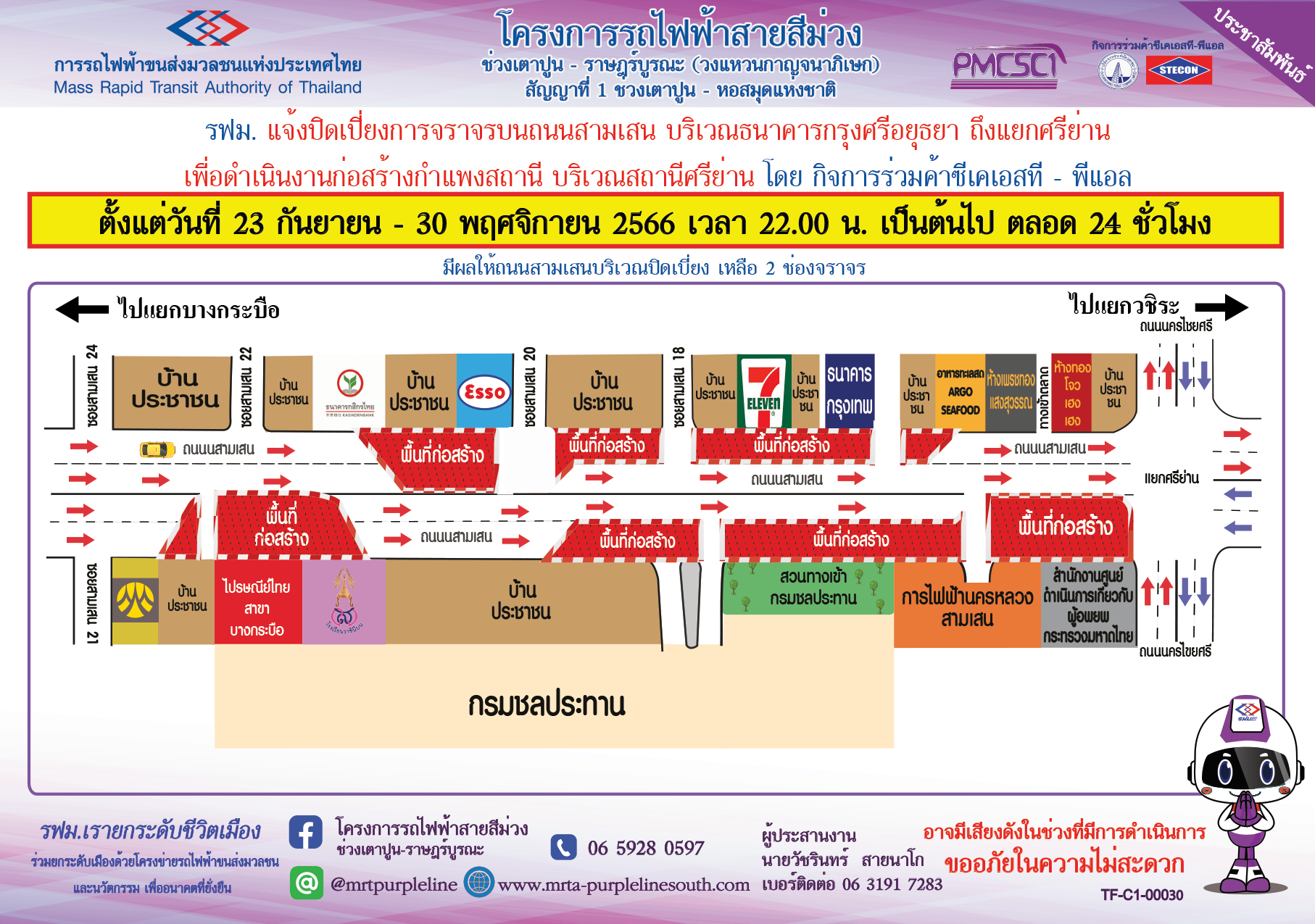 ปิดเบี่ยงจราจรบนถนนสามเสน บริเวณธนาคารกรุงศรีอยุธยา ถึงแยกศรีย่าน เพื่อก่อสร้างกำแพงสถานีศรีย่าน ตั้งแต่วันที่ 23 กันยายน – 30 พฤศจิกายน 2566 เวลา 22.00 น. เป็นต้นไป ตลอด 24 ชั่วโมง