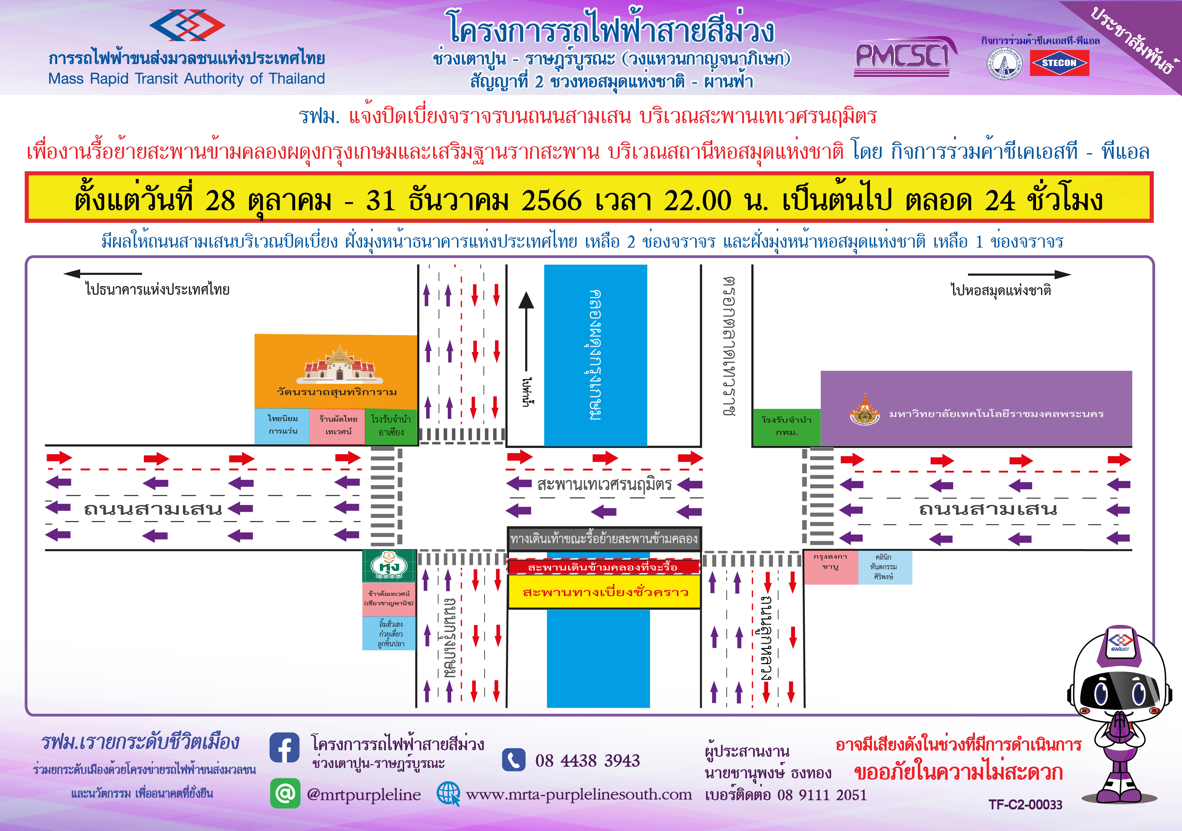 ปิดเบี่ยงจราจรบนถนนสามเสน บริเวณสะพานเทเวศรนฤมิตร เพื่องานรื้อย้ายสะพานข้ามคลอง ตั้งแต่วันที่ 28 ตุลาคม – 31 ธันวาคม 2566เวลา 22.00 น. เป็นต้นไป ตลอด 24 ชั่วโมง