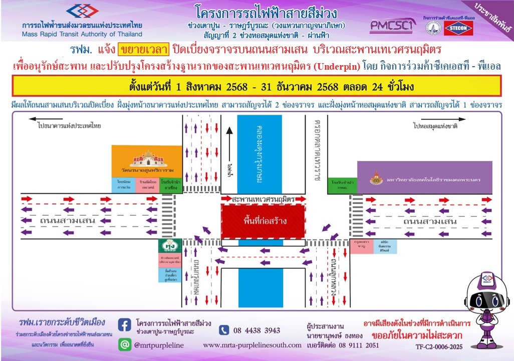 แจ้งขยายเวลาปิดเบี่ยงจราจรบนถนนสามเสน บริเวณสะพานเทเวศรนฤมิตรเพื่ออนุรักษ์สะพาน และปรับปรุงโครงสร้างฐานรากของสะพานเทเวศนฤมิตร (Underpin)