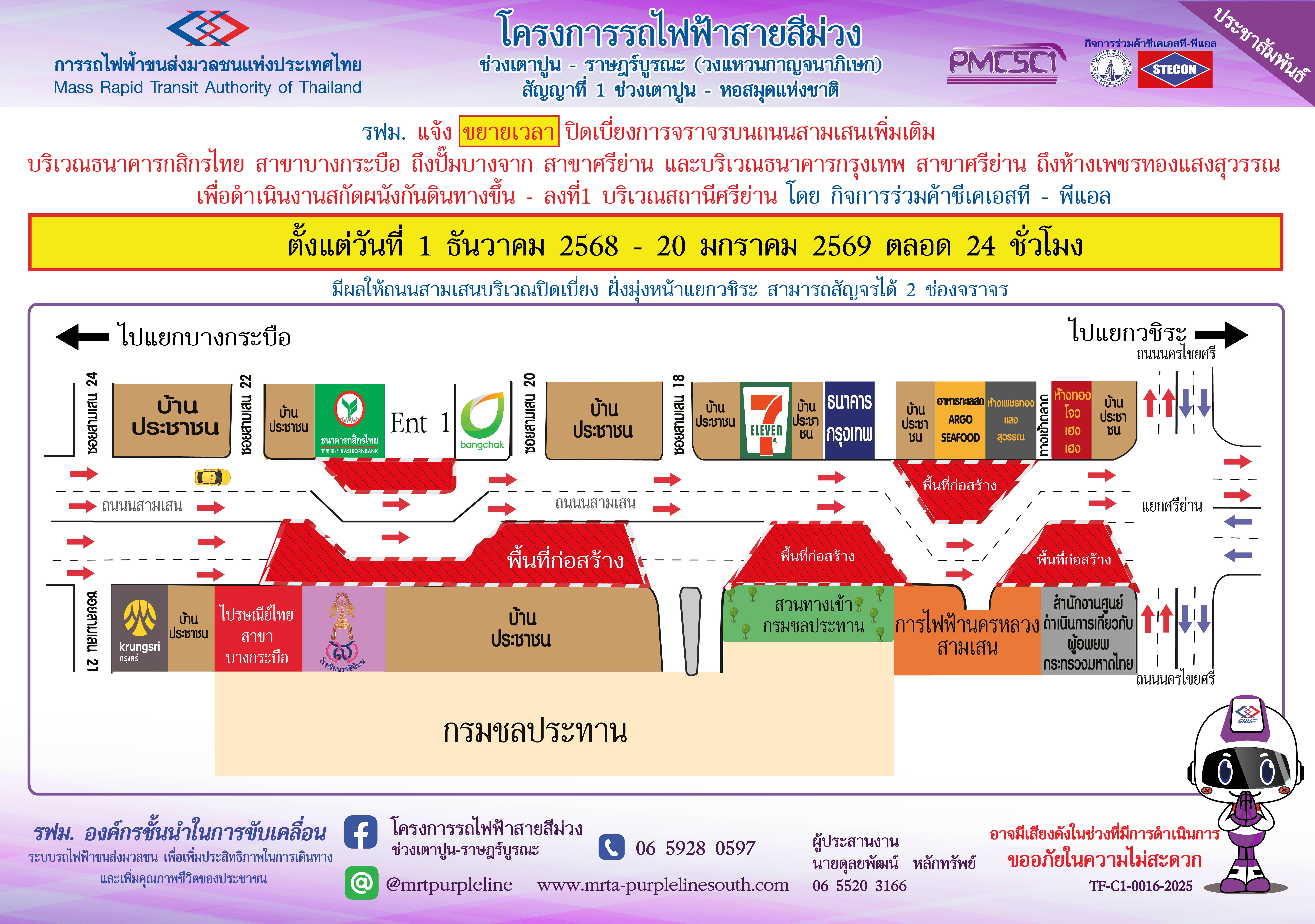 ขยายเวลาปิดเบี่ยงการจราจรบนถนนสามเสนเพิ่มเติม บริเวณธนาคารกสิกรไทย สาขาบางกระบือ ถึง ปั๊มบางจาก สาขาศรีย่าน และบริเวณธนาคารกรุงเทพ สาขาศรีย่าน ถึง ห้างเพชรทองแสงสุวรรณเพื่อดำเนินงานสกัดผนังกันดินทางขึ้น-ลงที่ 1