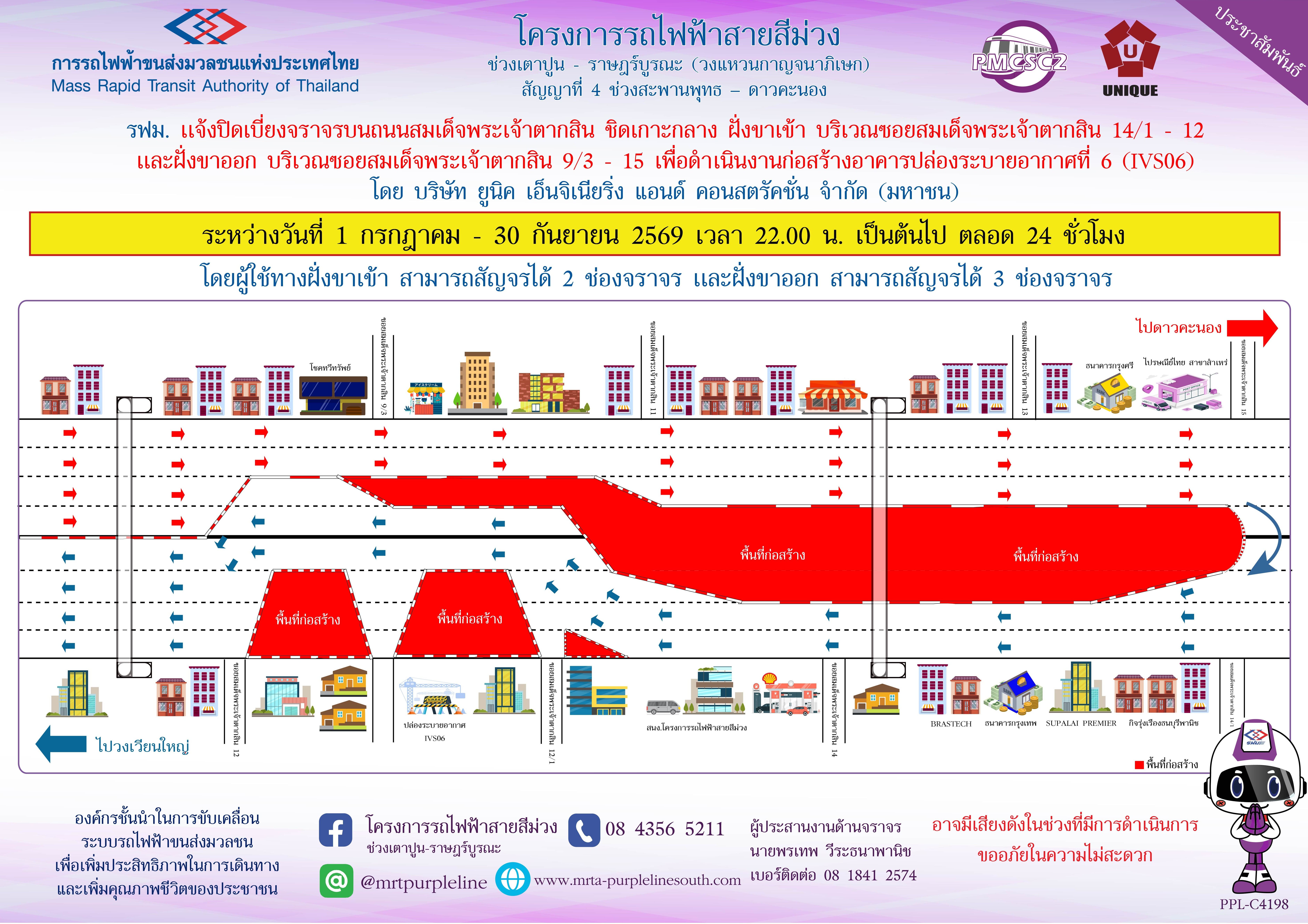 รฟม. แจ้งปิดเบี่ยงจราจรบนถนนสมเด็จพระเจ้าตากสิน ชิดเกาะกลาง ฝั่งขาเข้า บริเวณซอยสมเด็จพระเจ้าตากสิน 14/1 - 12 และฝั่งขาออก บริเวณซอยสมเด็จพระเจ้าตากสิน 9/3 - 15