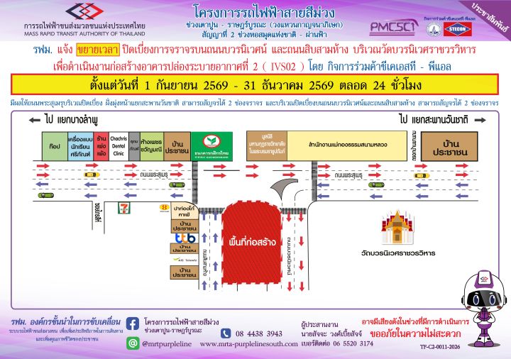 ขยายเวลาปิดเบี่ยงการจราจรบนถนนบวรนิเวศน์ และถนนสิบสามห้าง บริเวณวัดบวรนิเวศราชวรวิหาร เพื่อดำเนินงานก่อสร้างอาคารปล่องระบายอากาศที่ 2 (IVS02)