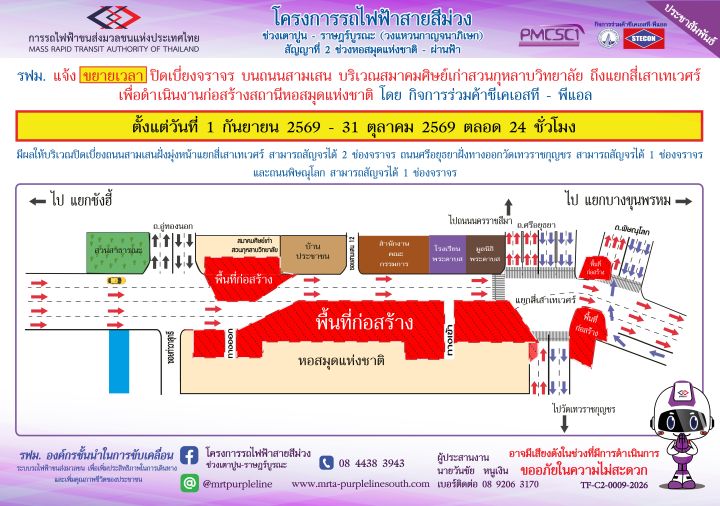 ขยายเวลาปิดเบี่ยงจราจร บนถนนสามเสน บริเวณสมาคมศิษย์เก่าสวนกุหลาบวิทยาลัย ถึง แยกสี่เสาเทเวศร์ เพื่อดำเนินงานก่อสร้างสถานีหอสมุดแห่งชาติ